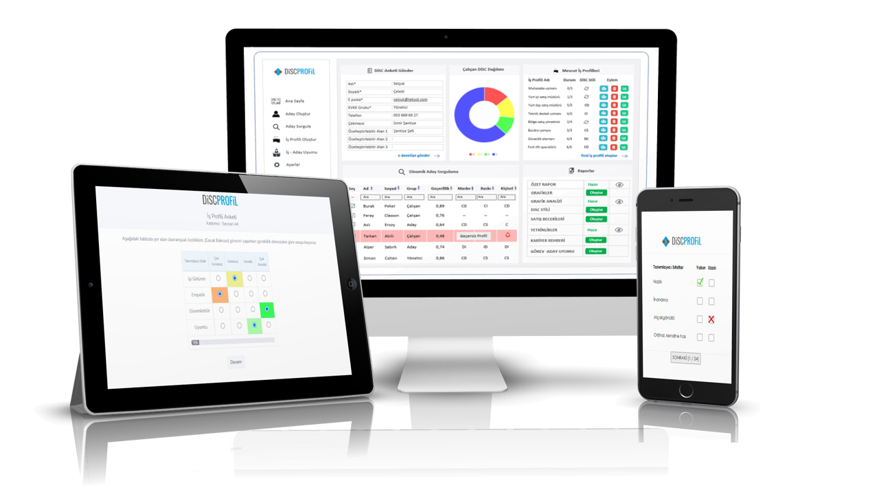 DiSCPROFiL yönetim paneli, tablet ve mobil değerlendirme ekranları