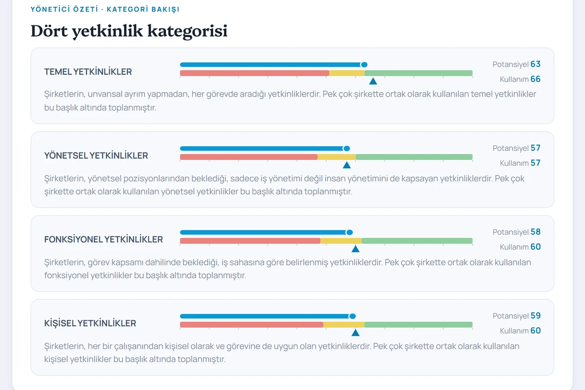 Yetkinlikler raporu: dört yetkinlik, beyaz yakalı norm bandı (örnek)
